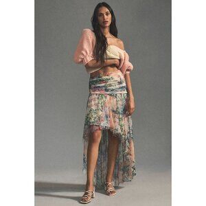 NWT Anthropologie High-Low Tulle Maxi Skirt 14 Floral Mesh Pink Green $160
